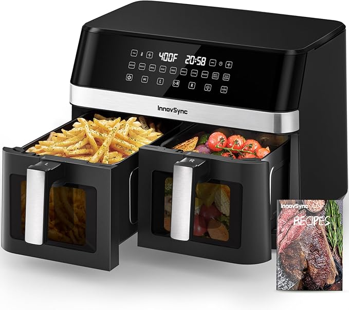 12QT Large Dual Air Fryer, 10-in-1 Double Zone Airfryer with 2×6QT Baskets, 60° Easy-Panel with Full Touchscreen, SyncCook Function, Viewing Window, Nonstick & Dishwasher Safe, 2 Dishes at Once, Black