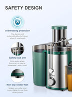 Juicer Machine, 800W Centrifugal Juicer Extractor with Wide Mouth 3” Feed Chute for Fruit Vegetable, Easy to Clean, Stainless Steel, BPA-free (Green)