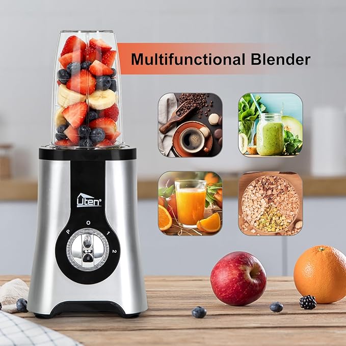 Uten 5-in-1 Smoothie Blender 42 oz/1.25L, Multi-Functional Mixer, Smoothie Maker, Juicer, Grinder with 304 Stainless Steel Blades, BPA-Free, Dishwasher Safe, Includes 3 Blender Cups & 2 Travel Bottles