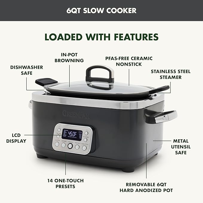 GreenPan Elite 14-in-1 Nonstick 6QT Electric Slow Cooker, PFAS-Free Ceramic Multi-Cooker, In-Pot Browning, Dishwasher Safe Lid & Removable Crock, Stainless Steel Steamer, Silicone Handles, Graphite