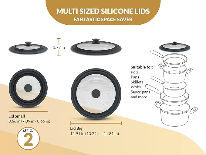 Universal Lids for Pots, Pans & Skillets 2set Frying Pan Cover Fits fit 7", 8" 9" & 10", 11", 12" Diameter Cookware, 2 Cotton Rags,Tempered Glass with High Heat Resistant Silicone Rim Dishwasher Safe.