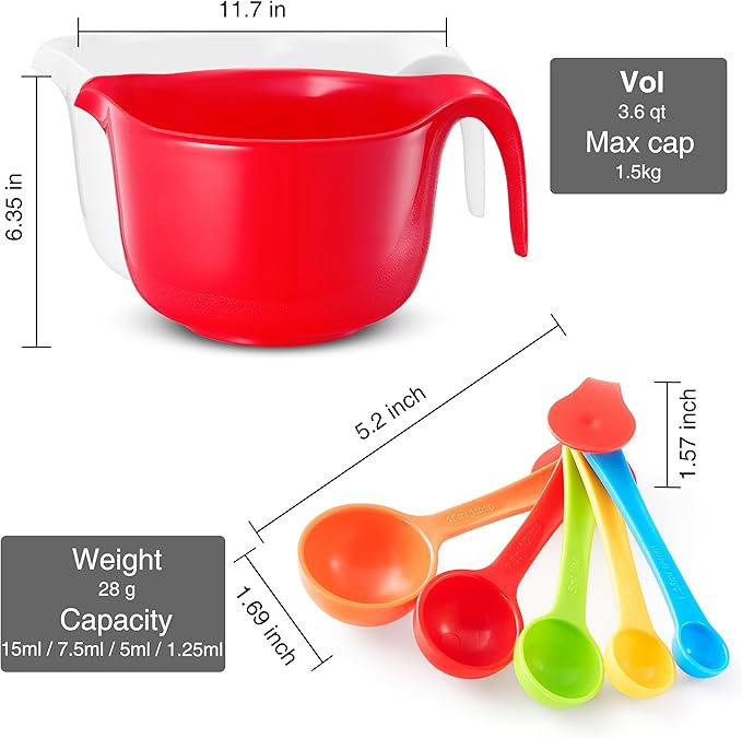 Large Mixing Bowls with Handles 3.6 qt - 2 Pc Plastic Nesting Bowls for Kitchen, Lightweight Batter Bowls, Easy to Clean + 5 Measuring Spoons Set