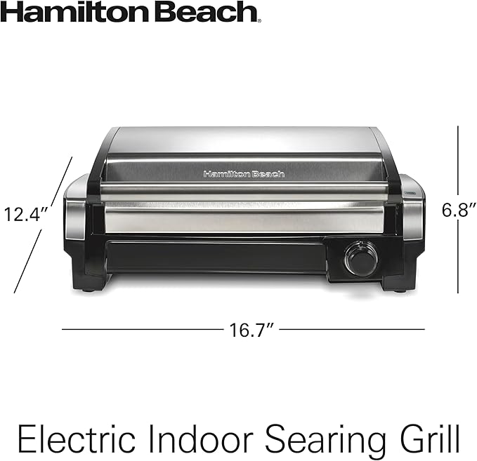 Hamilton Beach Electric Indoor Searing Grill with Adjustable Temperature Control to 450F, 118 sq. in. Surface Serves 6, PFAS-Free Removable Nonstick Grate, Stainless Steel (25360)