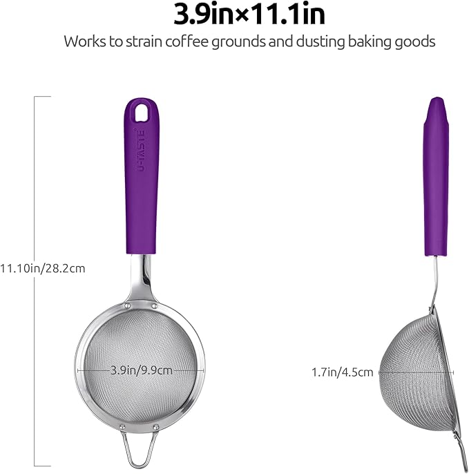 18/8 Stainless Steel Mesh Strainer: U-Taste 3.9 Inch Kitchen Fine Mesh Sieve Food Colander with Riveted Sturdy Silicone Handle and 30 Mesh Hole for Straining Flour, Quinoa, Tea, Juice (Purple)