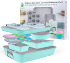 21-pieces Stackable Nonstick Bakeware Set, PTFE/PFOA/PFOS Free Baking Pans Set with Silicone Cup, Oven Mitt, Complete Kitchen Baking Kit for Cake & Loaf, Cookies, Cupcakes