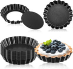 Tessco 16 Pieces Mini Tart Pans with Removable Bottom Nonstick Quiche Mini Pie Tart Pans Bakeware Mold Fluted Side for Pies(Black Gray Round,3 Inch)