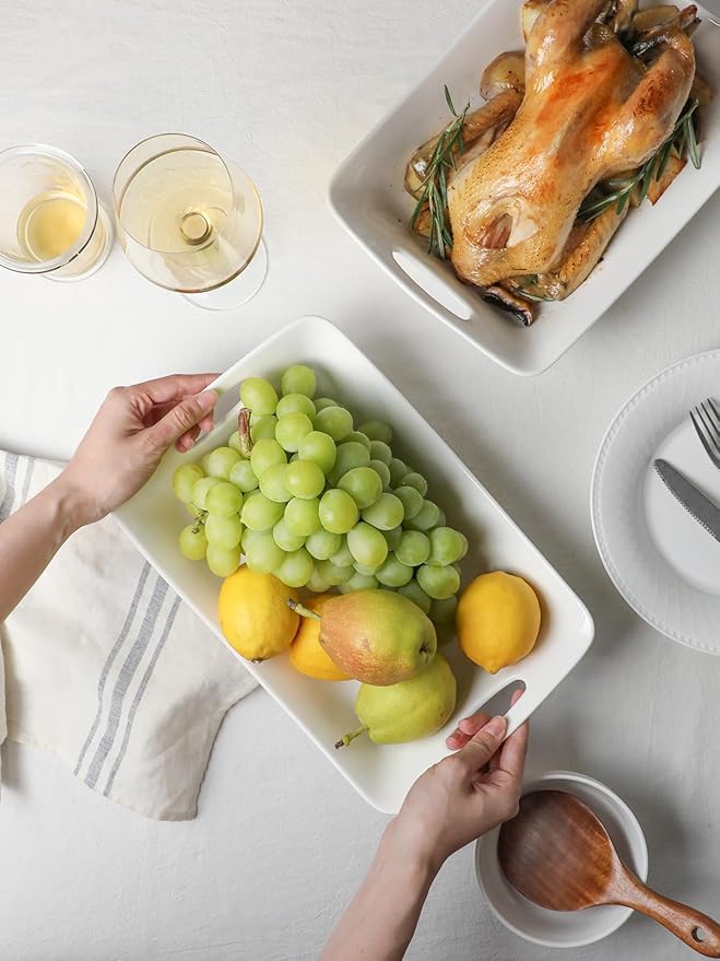 Kanwone Large Serving Bowls with Handles, White Serving Dishes For Entertaining, 1.8 Quarts Porcelain Bowl Set for Turkey, Fruit, Salad, Rectangle Serving Platter for Parites, Thanksgiving, Set of 2