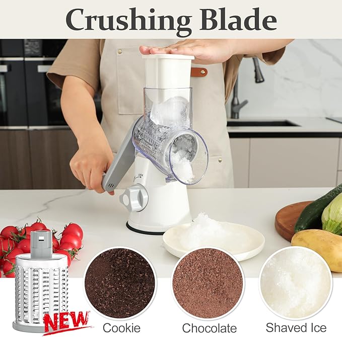 Cambom 5 in 1 Rotary Cheese Grater Hand Crank Cheese Shredder for Fresh Cheese, Vegetable, Nuts,Non-slip Suction Base, Five Blades, White