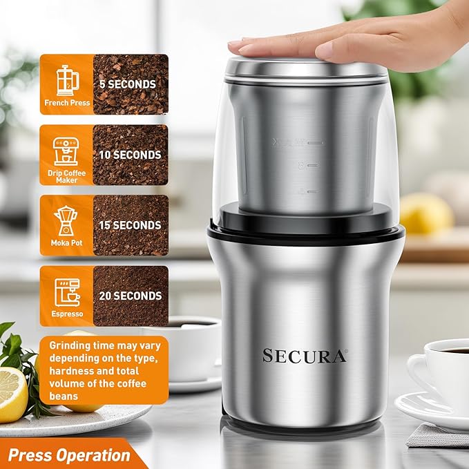 Secura Electric Coffee Grinder and Spice Grinder with 2 Stainless Steel Blades Removable Bowls