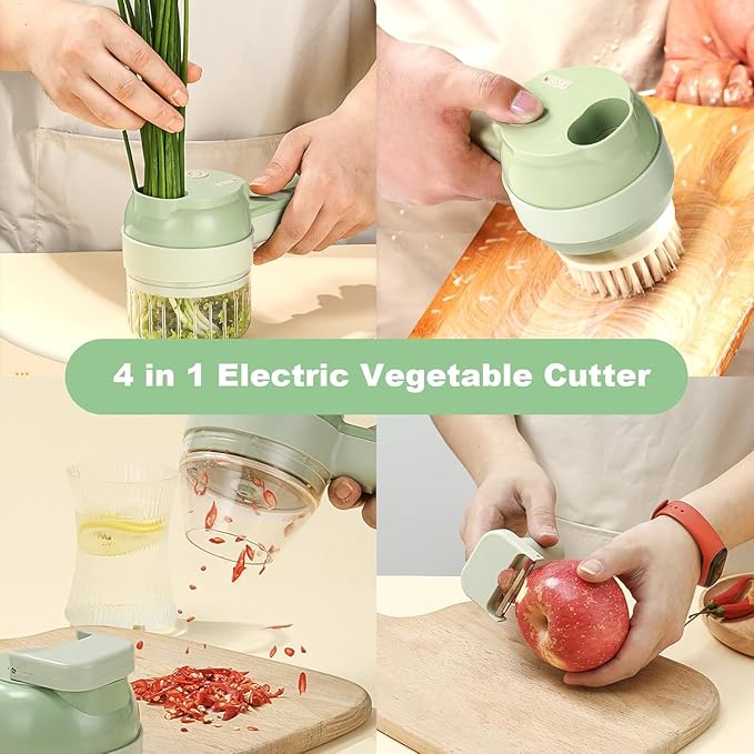 Multi-Functional Portable Wireless Vegetable Chopper - 4-in-1 Electric Food Processor for Chopping, Slicing, Grating & Whipping, with Cleaning Brush and Charging Cable