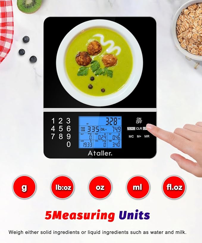 Ataller Food Scale with Nutritional Calculator, Kitchen Diet Scale, Digital Food Calorie Counting Scale for Meal Prep, Kitchen, Baking, Weight Loss, Resolution 1g, Max 5kg 11Ib, Tempered Glass, Black