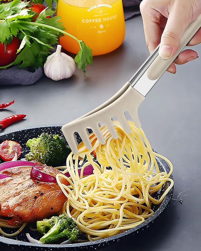 Spaghetti Spoon and Pasta Tong, Non-stick Silicone Spoon Server Fork with teeth and Stainless Steel Handle Spaghetti Tong, Food Clip for Spaghetti Noodle (KHAKI)