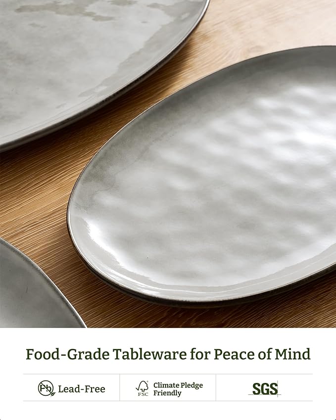 famiware Serving Platter, Oval 15.59/14.3/12.9inch Serving Dishes for Entertaining, Serving Bowls, Reactive Glaze, Stoneware Serving Trays for Party, Food, Turkey, Cheese, Ocean Series, Grey