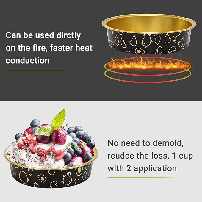 Beasea Mini Tart Pan 100 Pack with Lids, 4 Inch 8oz Gold Black Disposable Aluminum Baking Foil Tins Small Round Tart Containers for Individual Dessert Muffin Cheesecake Ramekins Quiche Oven Dishes