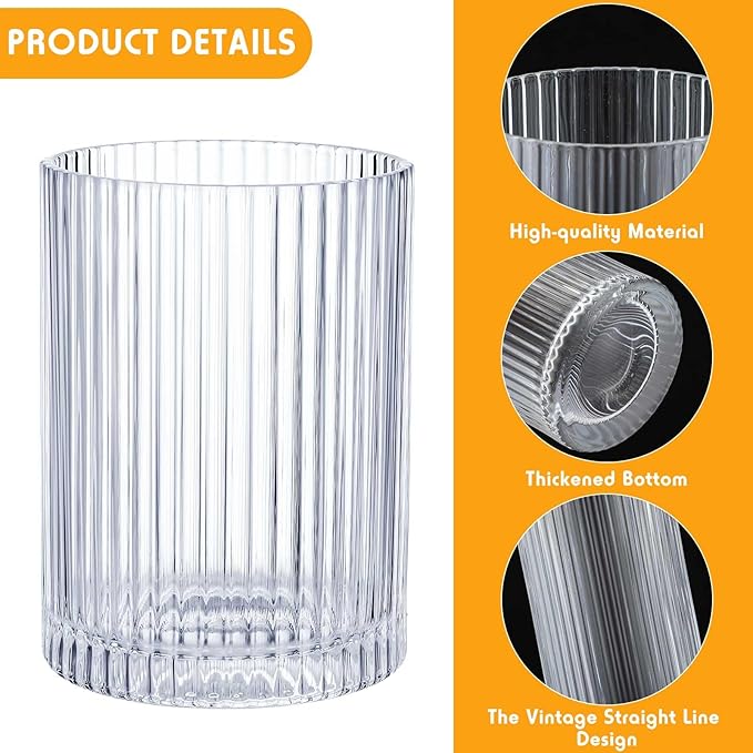 Zhehao 12 Pcs Ribbed Drinking Glasses Set 9 oz 12 oz Glass Cups Vintage Glassware Ribbed Cocktail Cup Clear Ice Coffee Highball Ripple Drinkware for Home Bar Beverages