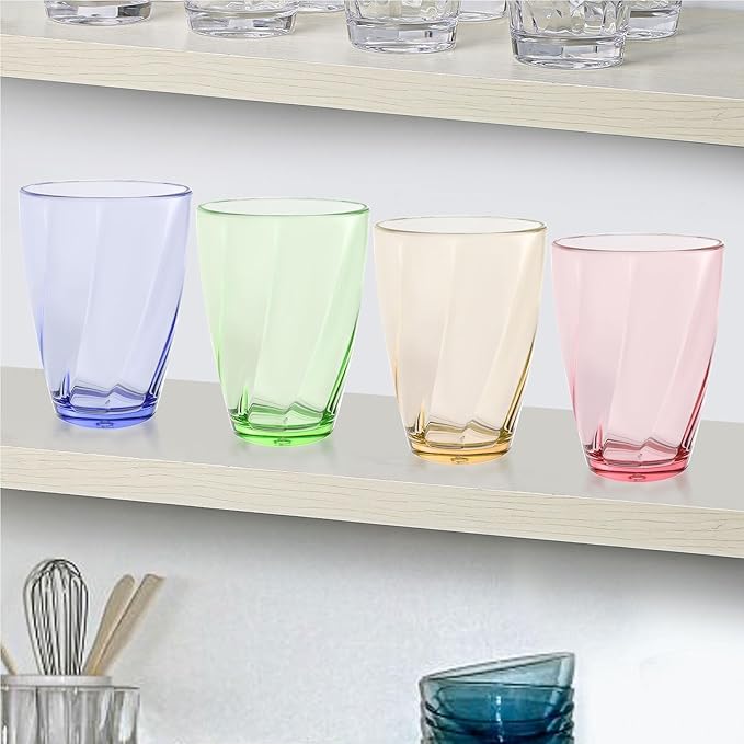 Topsky 12-ounce Plastic Water Tumblers | Set of 4 Colorful Unbreakable Drinking Glasses Clear Acrylic Reusable Juice Wine Cups for Home Picnic Party, Dishwasher Safe,Stackable