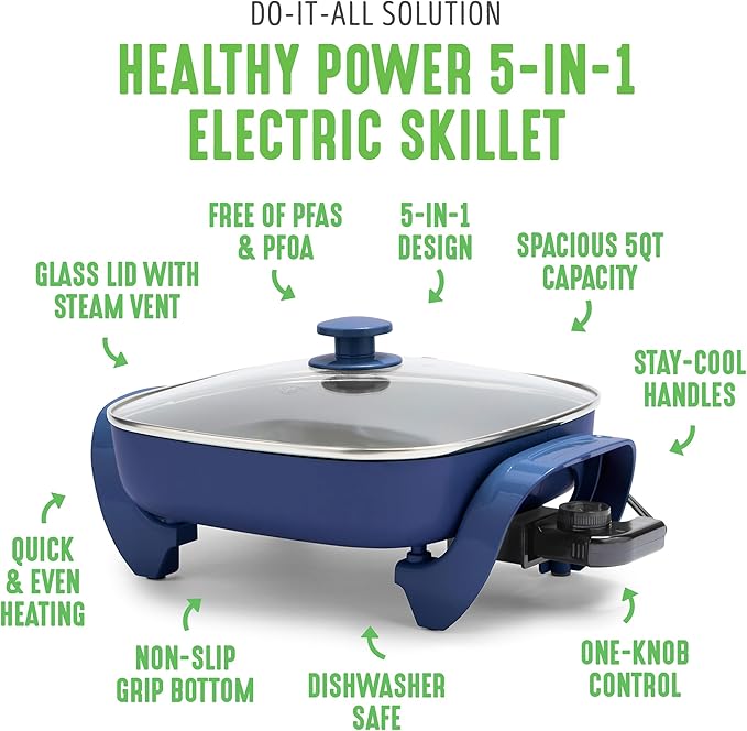GreenLife 12" 5QT Square Electric Skillet, Glass Vented Lid, Ceramic PFAS-Free Nonstick Coated Interior, Adjustable Temperature Control, Cool Touch Handles, Quick Even Heating, Scratch Resistant, Blue