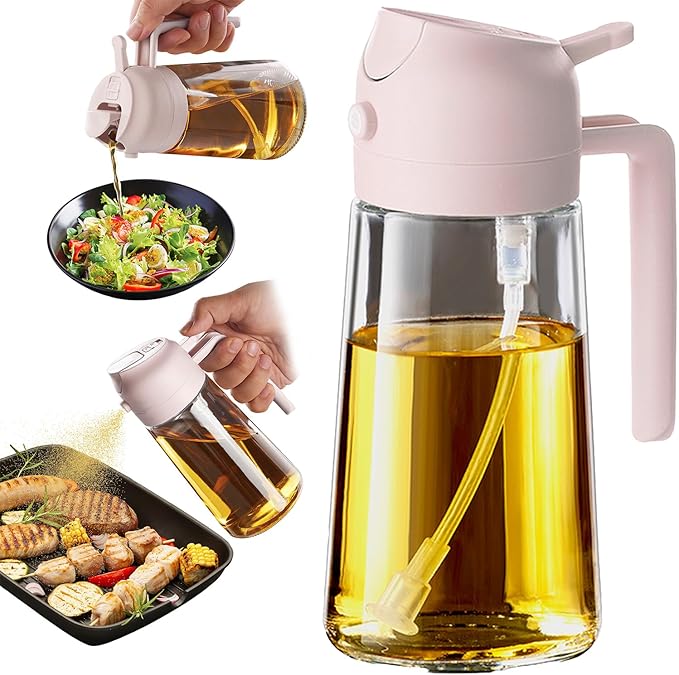 TrendPlain 16oz/470ml Glass Olive Oil Sprayer for Cooking - 2 in 1 Olive Oil Dispenser for Kitchen Gadgets, Air Fryer, Salad, and BBQ - Peach