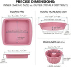 Platinum Silicone Baking Molds Set (8pc) - 100% Fumed Silica Non-Stick - Square Pan, Round Dish & 6 Mini Bundts - BPA Free, Pinch Test Passed, Oven Safe 446°F (Dusty Rose)