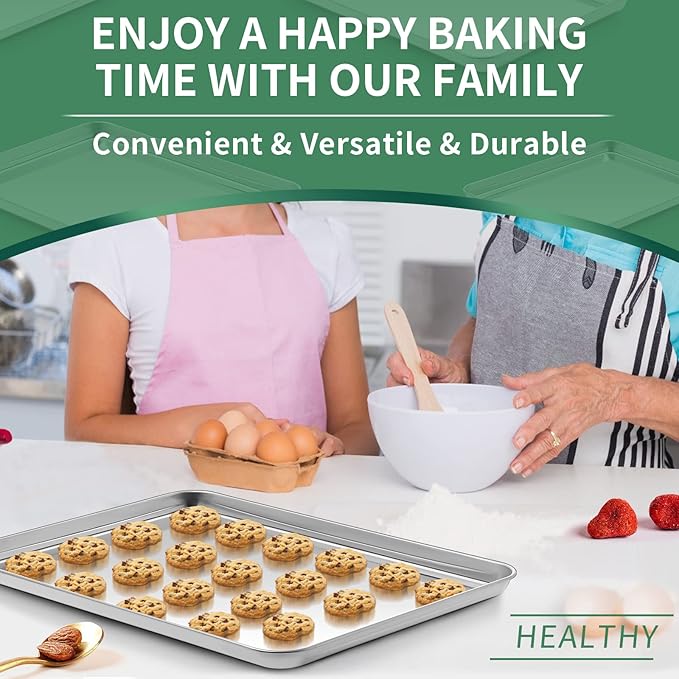 Baking Sheets Set of 2, HKJ Chef Cookie Sheets 2 Pieces Stainless Steel Baking Pans & Toaster Oven Tray Pans, Rectangle Size 20L x 14W x 1H inch & Non Toxic & Healthy & Easy Clean