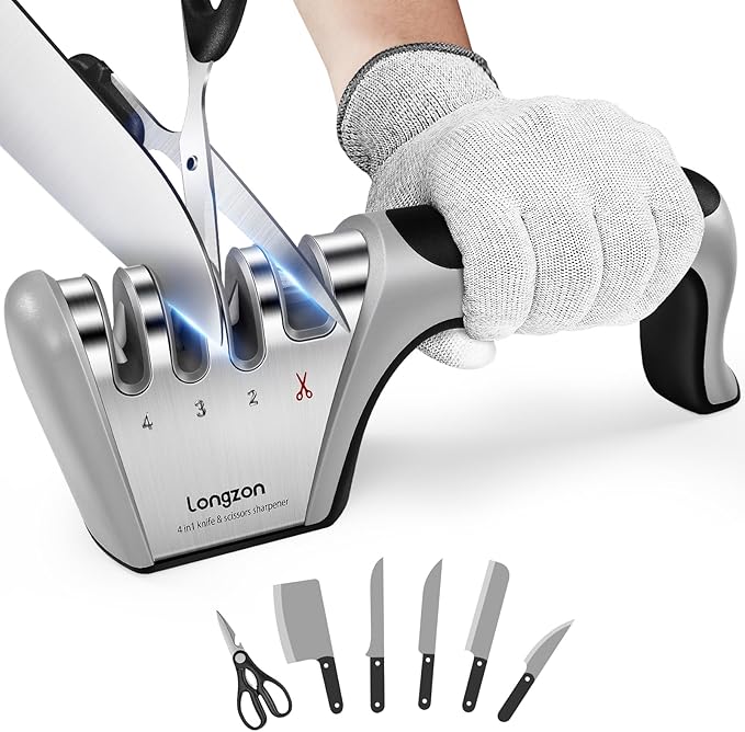 Longzon 5-in-1 Knife Sharpener 4 Stage with Cut-Resistant Glove, Quickly Sharpens & Restores Dull Blades, Easy & Safe for Home Kitchen Use, Fits Most Knives and Scissors, Black+Silver