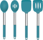 TeamFar Cooking Utensils Set, 4PCS Heatproof Silicone Utensil Kitchen Tools with Stainless Steel Handle, for Non-stick Cookware Flipping Frying Draining, Nontoxic & Non scratch, Easy Clean - Navy Blue