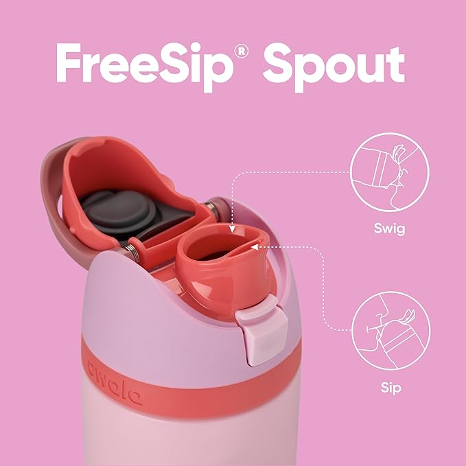 Owala FreeSip Insulated Stainless Steel Water Bottle with Straw for Sports and Travel, BPA-Free Sports Water Bottle, 24 oz, Pink, Angel Food Cake