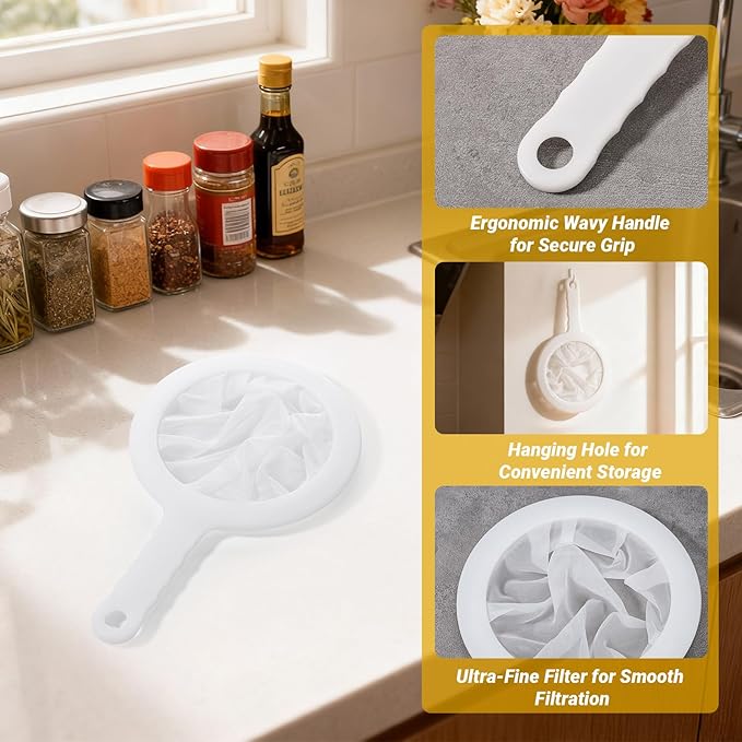 Ultra Fine Mesh Strainer with Handle, 2 Pack, 100/400 Mesh, Plastic Coffee Strainer, Small Colander for Kitchen, Nylon Fine Sieve for Nut Milk, Yogurt, Juice, Honey, Food, Tea Leaf Filter