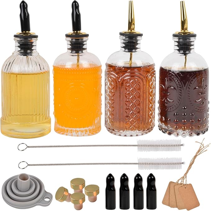 ChezMax Syrup Dispenser Bottles Set of 4, Simple Syrup Bottle for Coffee Bar Accessories, 7 oz Glass Coffee Syrup Dispenser Syrup Containers for Maple Honey Syrup Oil, with Metal Pour Spouts & Labels