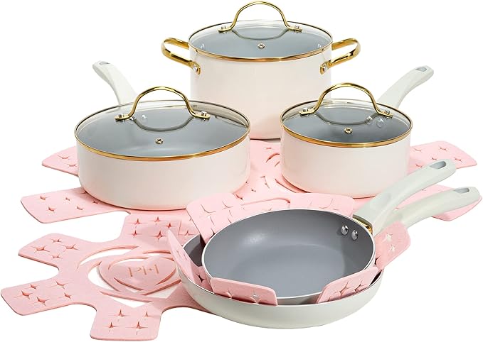 Paris Hilton Epic Nonstick Pots and Pans Set, Multi-layer Nonstick Coating, Tempered Glass Lids, Soft Touch, Stay Cool Handles, Made without PFOA, Dishwasher Safe Cookware Set, 12-Piece, Cream
