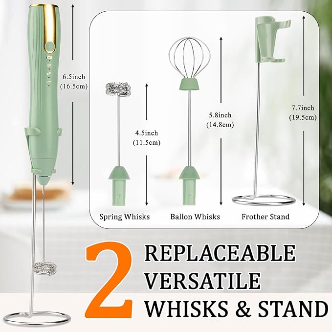 TonJin Frother Wand Rechargeable USB-C Milk Frother Handheld Mixer Electric with 2 Whisk Heads, 3 Speeds Adjustable Coffee Drink Mixer with Stand for Lattes, Matcha, Hot Chocolate, Egg, Matcha(Green)