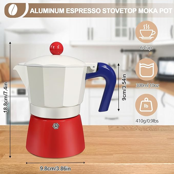 Aluminum 6 Cup 300ml Moka Pot Express Coffee Maker Stovetop Espresso Colorful Coffeemaker Italian Classic Style Brewing Greca Cafe Mocha Machine for Cafeteras Lover Camping Travel and Home Use 10oz