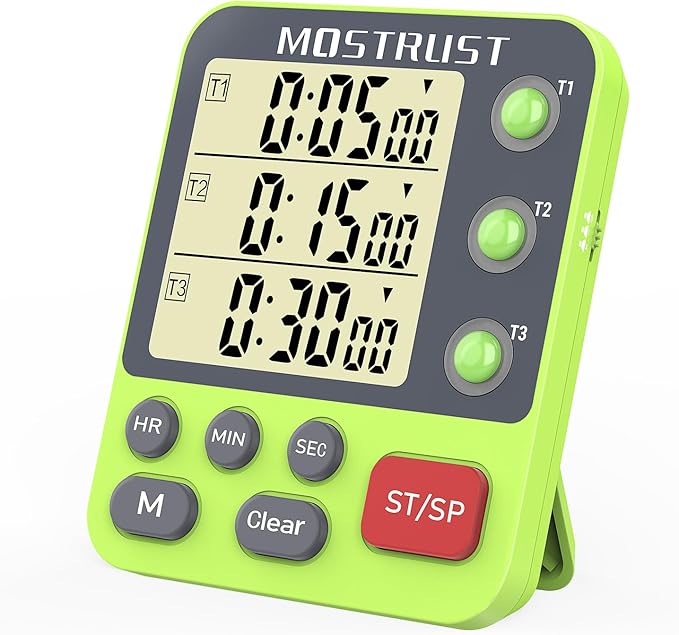 Digital Dual Kitchen Timer, 3 Channels Countdown Triple Timer for Cooking, Magnetic Memory-Preset Large-Display Adjustable Alarm Volume, Multi Times Management, 3A Battery Included, Green