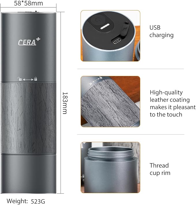 CERA+ Portable Coffee Bean Grinder,Electric Coffee Grinder,Coffee Grinder with 90 Precise Grind Setting,Auto‑Stop & One-Button,Burr Coffee Bean for Espresso,Pour-Over, French Press Moka, with Bag
