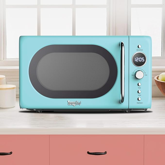 Total Chef Retro Microwave Oven | 20L / 0.7 Cu Ft | Quick Start & Defrost By Weight/Time | 8 Pre-set Cooking Modes For Coffee, Rice, Pasta, Potato, Reheat, Fish, Pizza, Popcorn | 700W | Blue