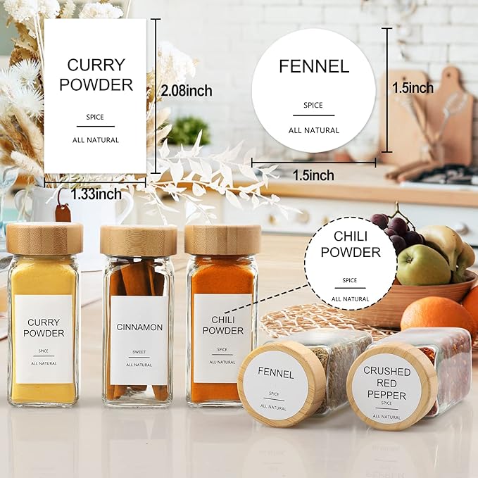 AISIPRIN Glass Spice Jars with 398 Labels, 24 pcs 4oz Spice Containers with Bamboo Lids, Square Spice Bottles With Shaker Lids,Spice Organization for Cabinet,Drawer,Rack,Seasoning Organizer