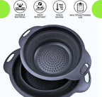 Small Food Strainer for Kitchen - Black Silicone Colander with Handle for Spaghetti and Pasta Multifunctional Colander for Camping