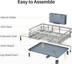 SNTD Dish Drying Rack - Extendable Dish Rack, Large Sink Drying Dish Drainer for Kitchen Counter, Stainless Steel Dish Strainer with Utensil Holder (Silver)