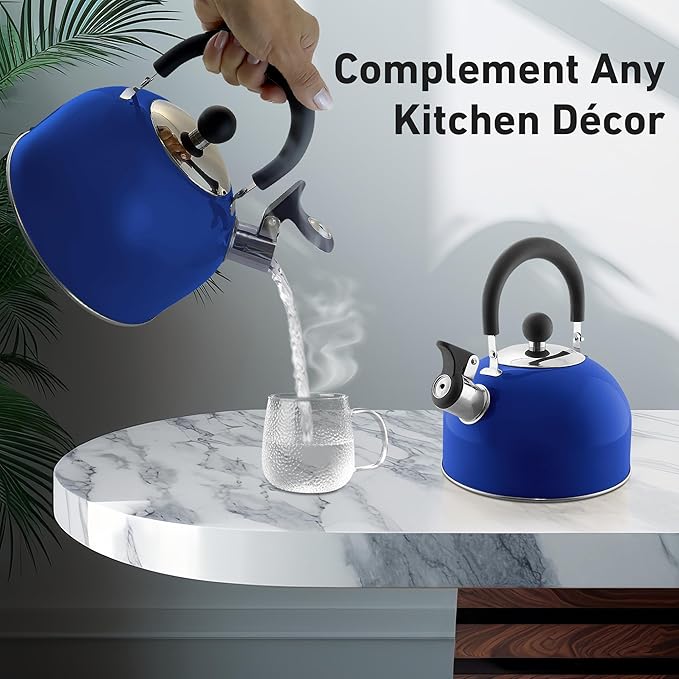 Lily's Home 2 Quart Stainless Steel Whistling Tea Kettle, the Perfect Stovetop Tea and Water Boilers for Your Home, Dorm, Condo or Apartment. (Blue)
