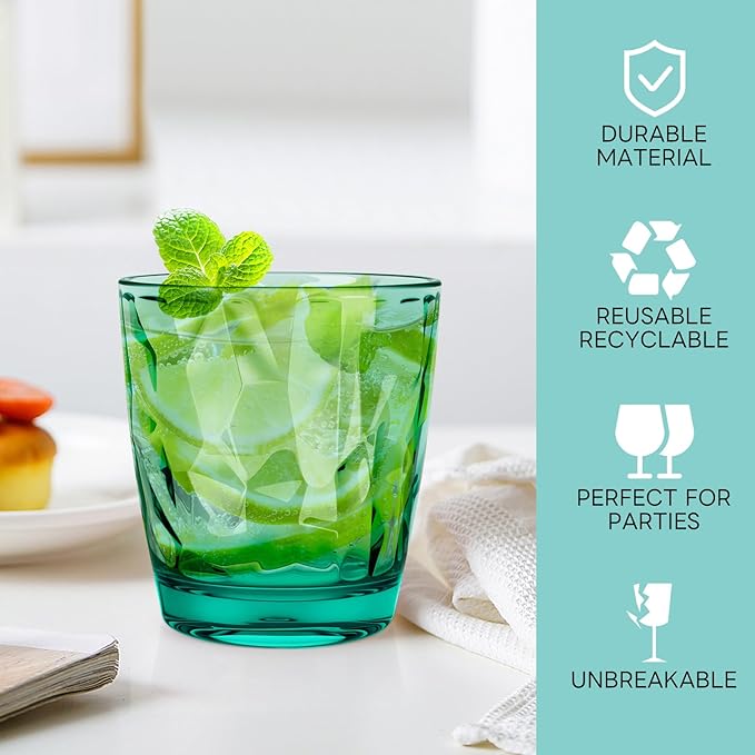 Topsky 10 oz Plastic Water Tumblers | Set of 4 Transparent Unbreakable Drinking Glasses Clear Acrylic Reusable Juice Wine Cups for Home Picnic Party, Dishwasher Safe, Stackable (Light Green)