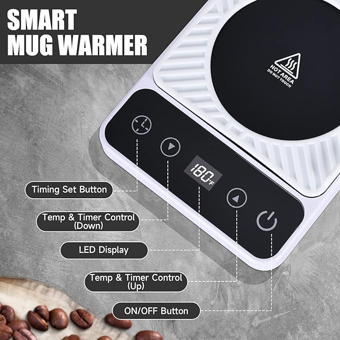 Mug Warmer - Electric Coffee Mug Warmer with Timer,Coffee Cup Warmer for Desk Auto Shut Off,Smart 6-Temperature Control, Coffee Accessories for Coffee Lovers, White