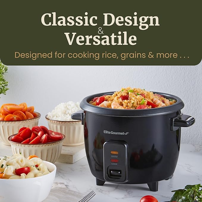 Elite Gourmet Electric Rice Cooker with Steam Tray and Non-Stick Inner Pot Makes Soups, Stews, Grains, Cereals, Keep Warm Feature, 6 Cups Cooked (3 Cups Uncooked), Black