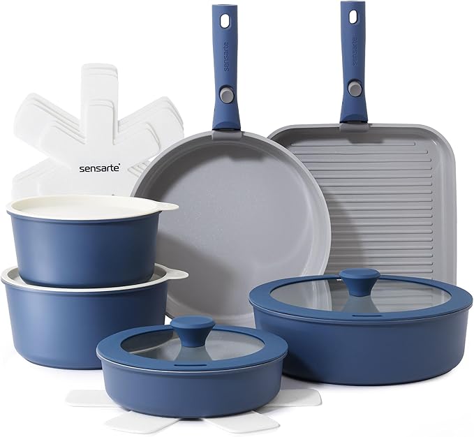 SENSARTE 17 Piece Ceramic Pots and Pans Set, Nonstick Detachable Handle Cookware, Induction Kitchen Cookware Set with Removable Handle, Dishwasher ＆ Oven Safe (Navy)