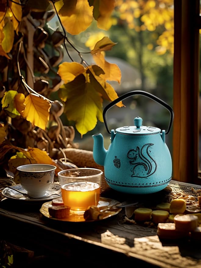 Toptier Teapot with Removable Infuser, Cast Iron Tea Kettle Stovetop Safe, Squirrel Design Tea Pot Coated with Enameled Interior for 32 Ounce (950 ml), Blue
