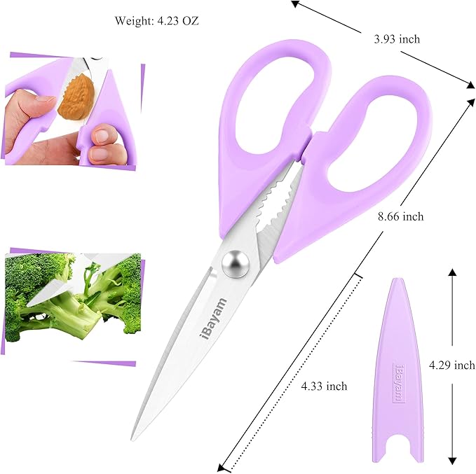 iBayam Kitchen Scissors, Purple Kitchen Utensils Accessories, All Purpose Heavy Duty Meat Scissors, Poultry Shears, Dishwasher Safe, Stainless Steel, 2-Pack, Pastel Pink, Soft Purple