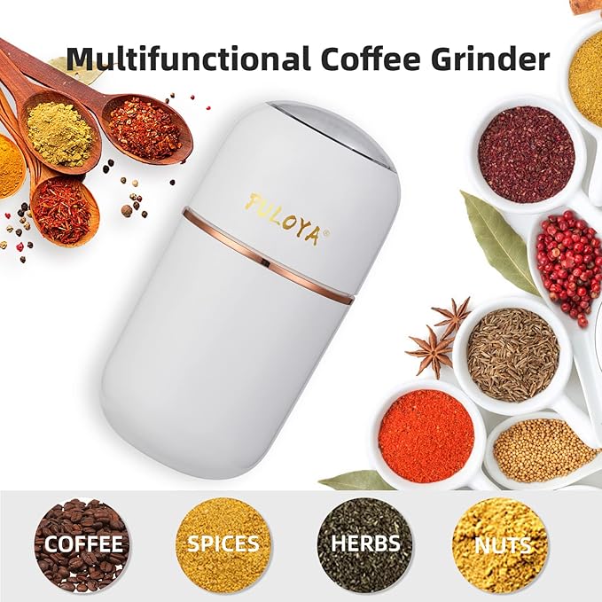 Coffee Grinder Electric for Beans, Spices, Herbs, Grains and Nuts, Stainless Steel Blades, 2.8 oz, White