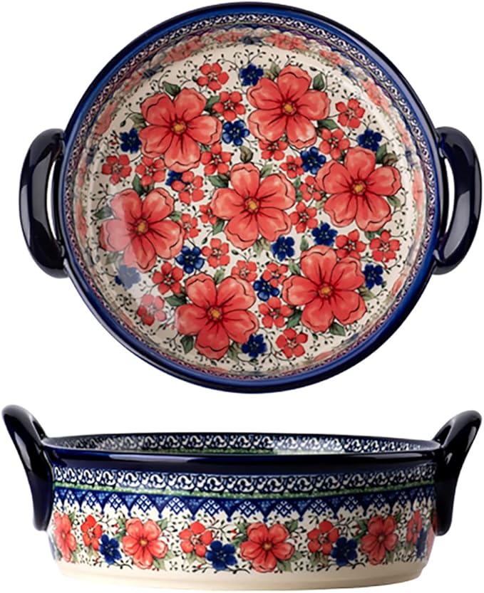 Vintage Style Cherry Blossom Flowers Pottery Bakeware Ceramic Casserole Dish Baking Pan Lasagna Pans Baking Dish with Handles for Oven to Table-1 PCS, 32 oz