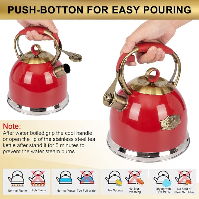 Tea Kettle, Stovetop Whistling Teapot, Stainless Steel, Red, 3.0-Quart