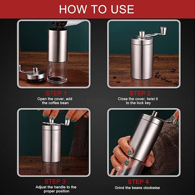 Manual Coffee Grinder, Coffee Bean Grinder with Adjustable Settings, Stainless Steel Hand Coffee Mill, Coffee Grinder Manual for Camping Home and Office (Metallic Wood)