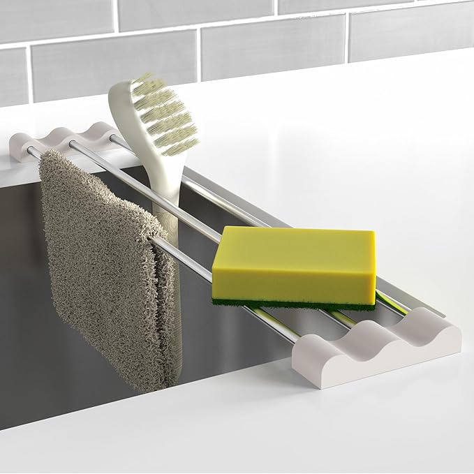 Tomorotec Adjustable Over-The-Sink Kitchen Rack for Dishcloths, Sponges, Bottles and Brushes - Heat-Resistant Stainless Steel with Slim, Expandable Design and Multifunctional Silicone Holder